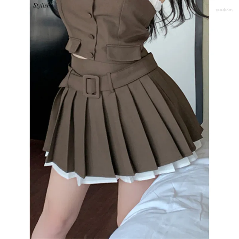 Jupes ceinturée marron mini jupe taille haute style coréen plissé femmes élégantes une ligne patchwork y2k automne été mode