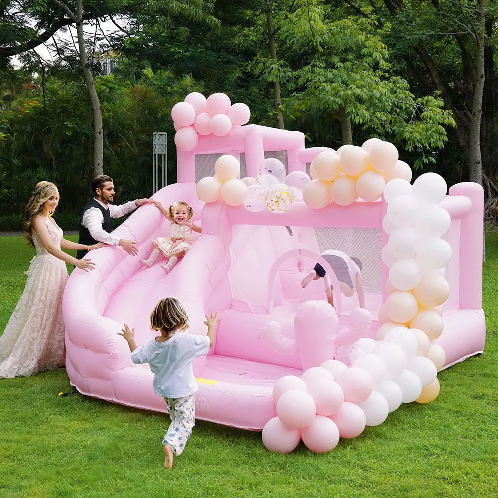 Romântico Rosa Casamento Bouncy Castle Party Bounce House Inflável Bouncer Playhouse Jumper Trampolim para Adultos Crianças Festas de Aniversário Eventos com Ventilador