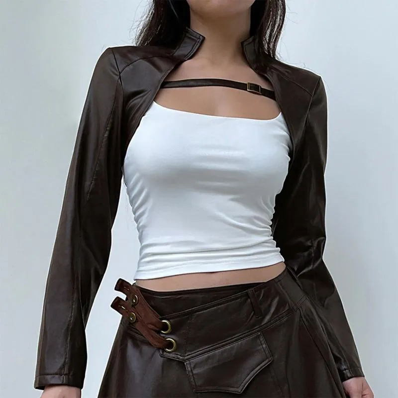 Kadın Ceketleri Moto Style PU Deri Ceket Bayanlar 'Düz Renkli Vintage Kısa Soğuk Metal Toka Moda Uzun Kollu Ceket