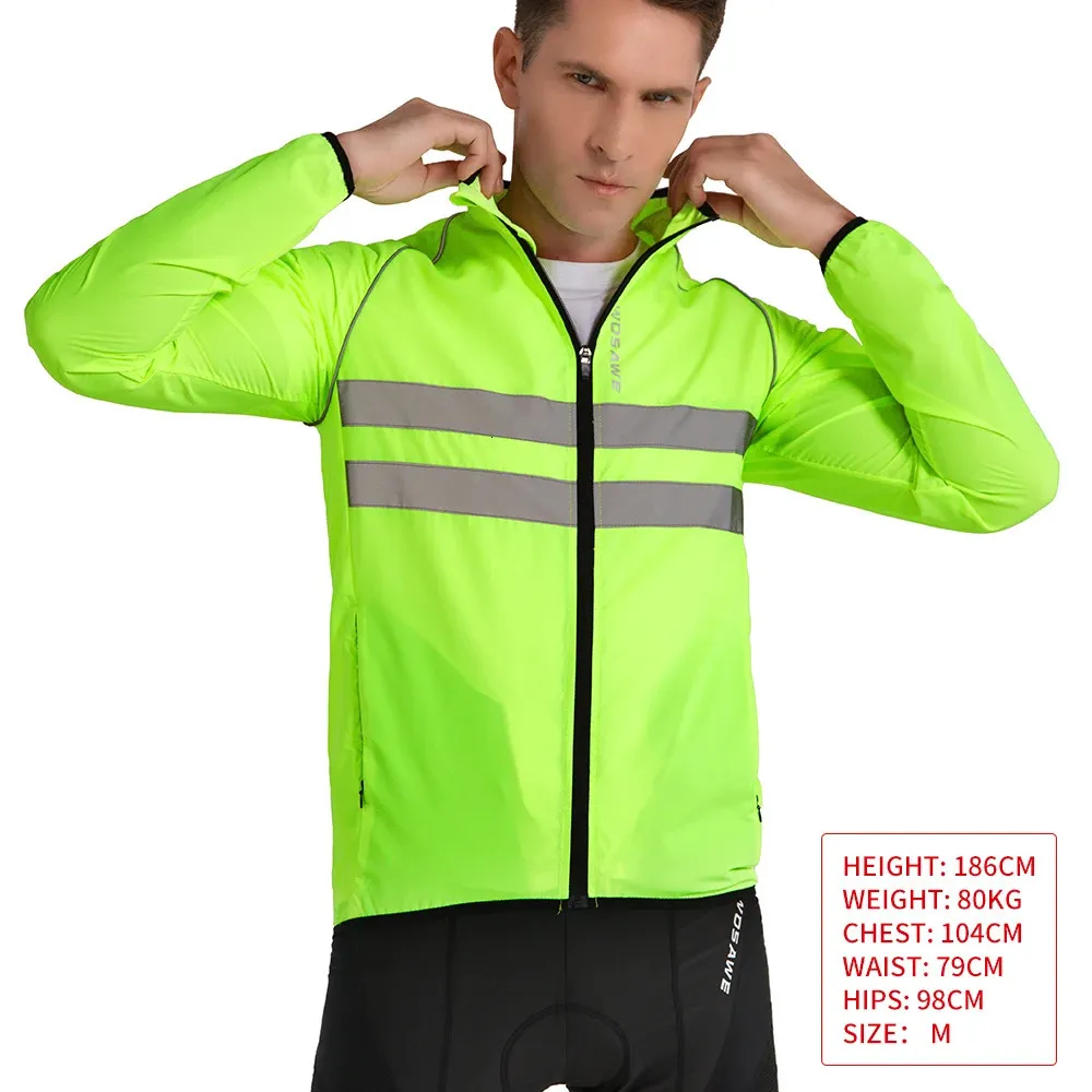 WOSAWE Men's Hi-Viz Green Cycling Jacket - Hooded, Reflective, Windproof, Zip Closure