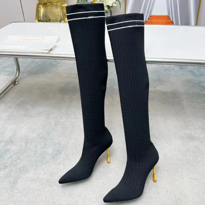 Knitted knee length elastic boots, wool boots, versatile and fashionable