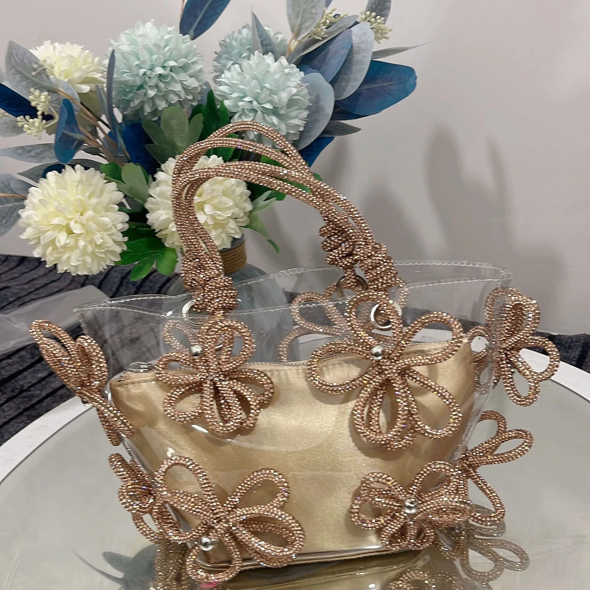 23 New Arrival: "Bring" Diamond-Studded French Fairy Bag - Ultra-Glimmering Flower Bucket Bag & Basket Handbag PINK PEACH SLIVER Champagne
