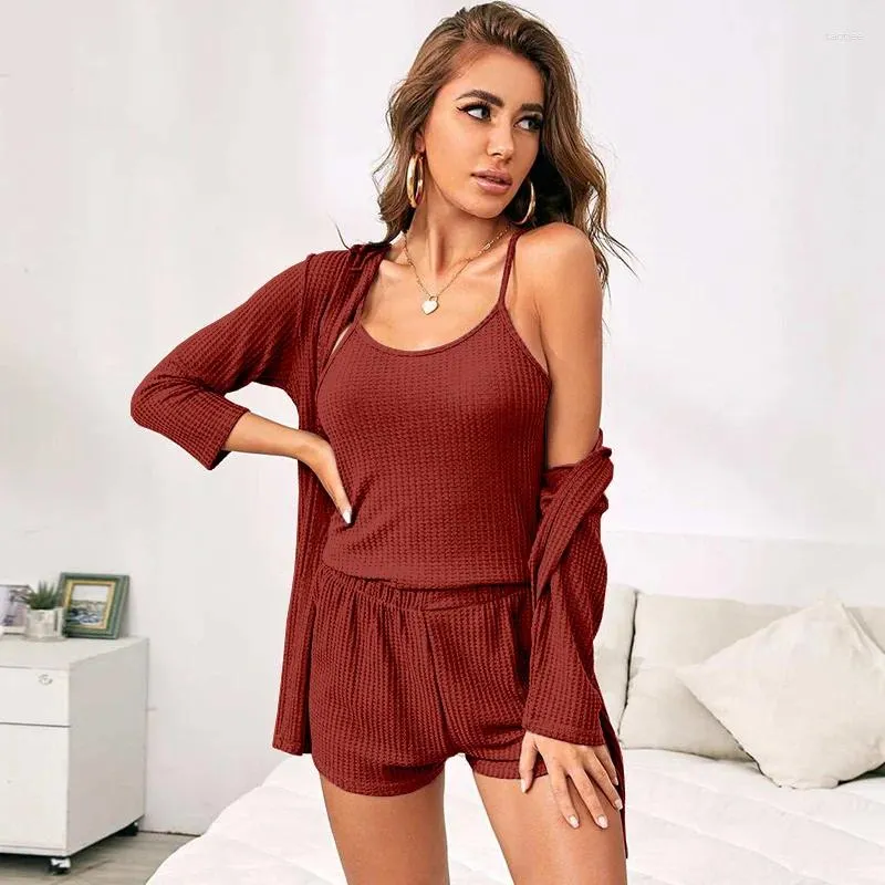 Women's Sleepwear Solid Sexy Pajama Set For Women 3 Pieces Waffle Knitted Robe Camisole Shorts Nighties Female Casual Loungewear Autumn