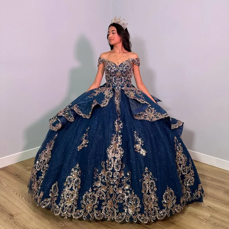 Azul marinho brilhante quinceanera vestidos com apliques de ouro contas de renda rendas sem mangas espartilho baile de formatura doce 16 vestido de 15 anos