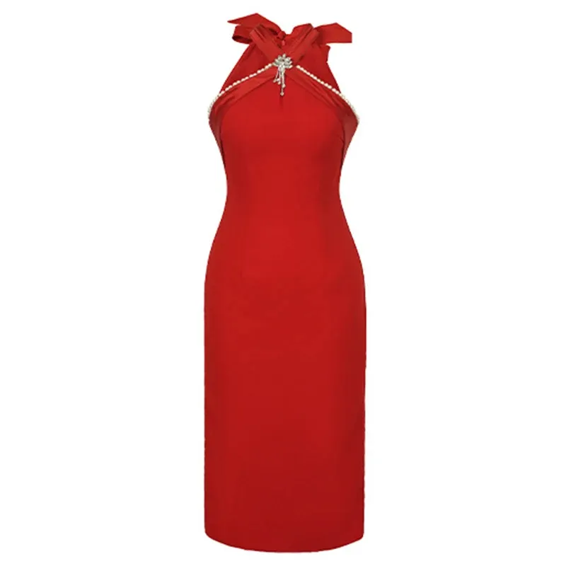 Elegant Hotsweet Midi Dress for Women with Red Diamond Strap