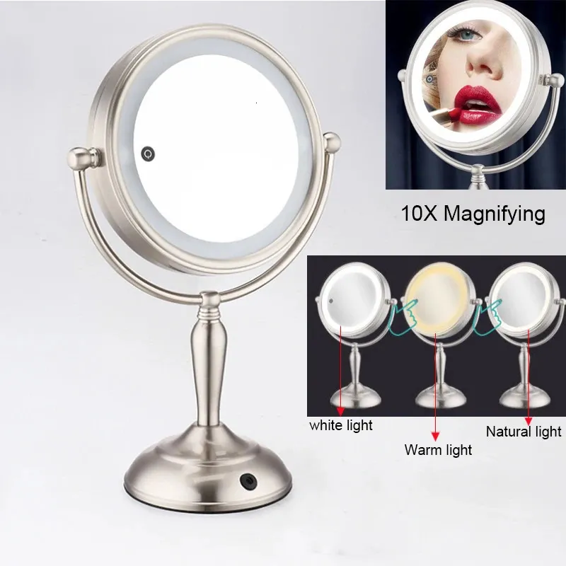 Kompakta speglar 3 Färg LED -upplyst dubbel 8 tum 2 sidor 10x förstoringsmakeup Vanity Mirror Ljusstyrka Justerbar pekskärm gör spegel 231021