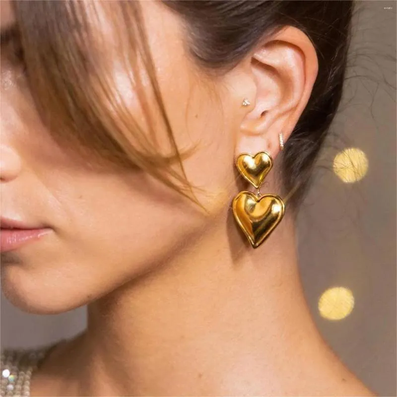 Boucles d'oreilles créoles Double cœur pour femmes, plaqué or, en acier inoxydable, grande goutte, tendance, Streetwear, bijoux d'oreilles pour filles