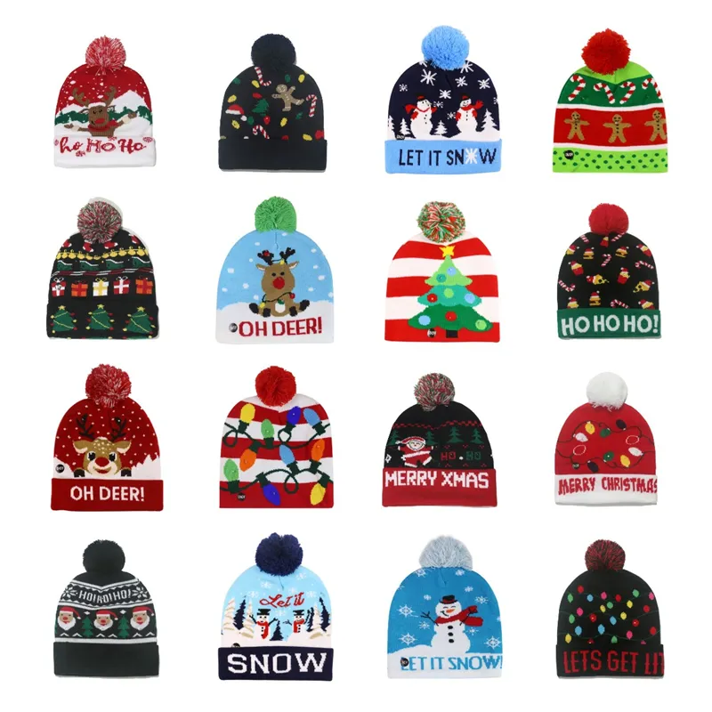 Gorro tejido con bola para el calor del invierno, muñeco de nieve, alce, árbol de Navidad, luces LED de colores, gorro decorativo, gorro de fiesta de Ocean-shipping P114