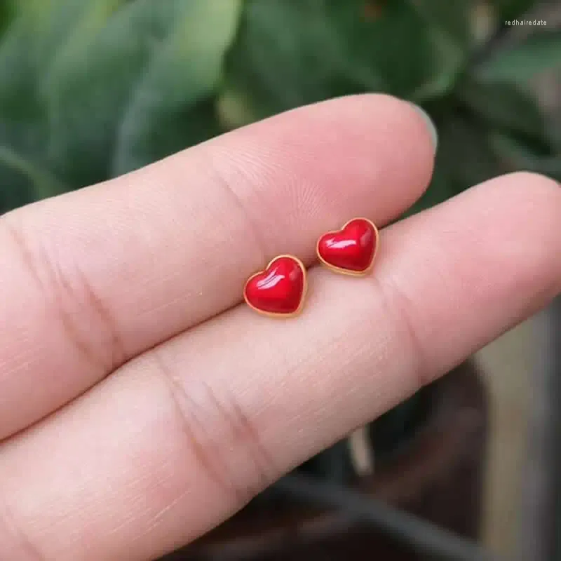 Boucles d'oreilles à tige en or jaune véritable 24 carats pour femmes, cœur rouge 3D 999