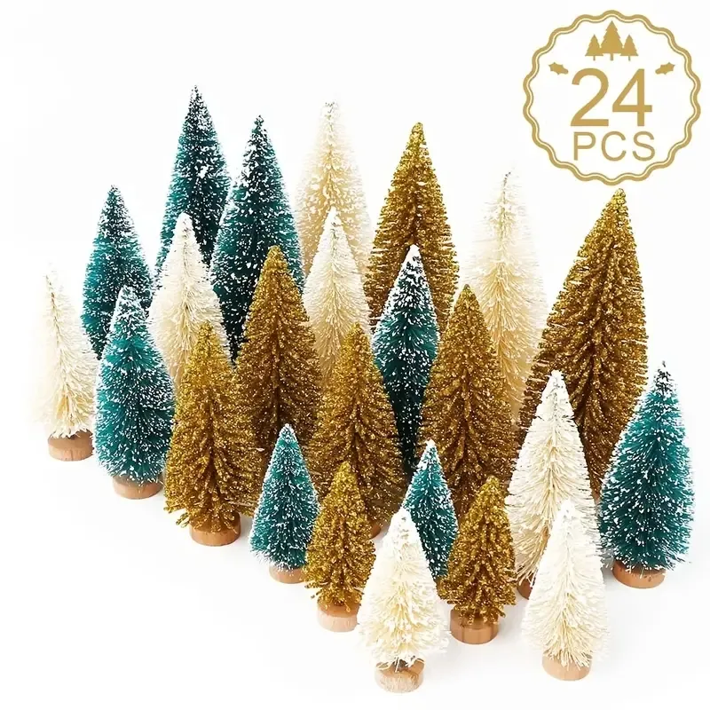 24 pièces Mini sapins de Noël artificiels, arbres de sisal améliorés avec base en bois, arbres à brosse pour décoration de table de Noël, ornements artisanaux d'hiver, vert