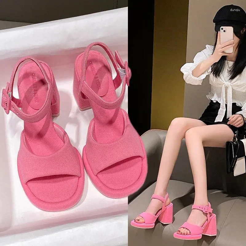 Hoge hakken zomer dikke dames sandalen mode elegant roze platform peep teen buckle riem comfortwandeling wandelschoen 124