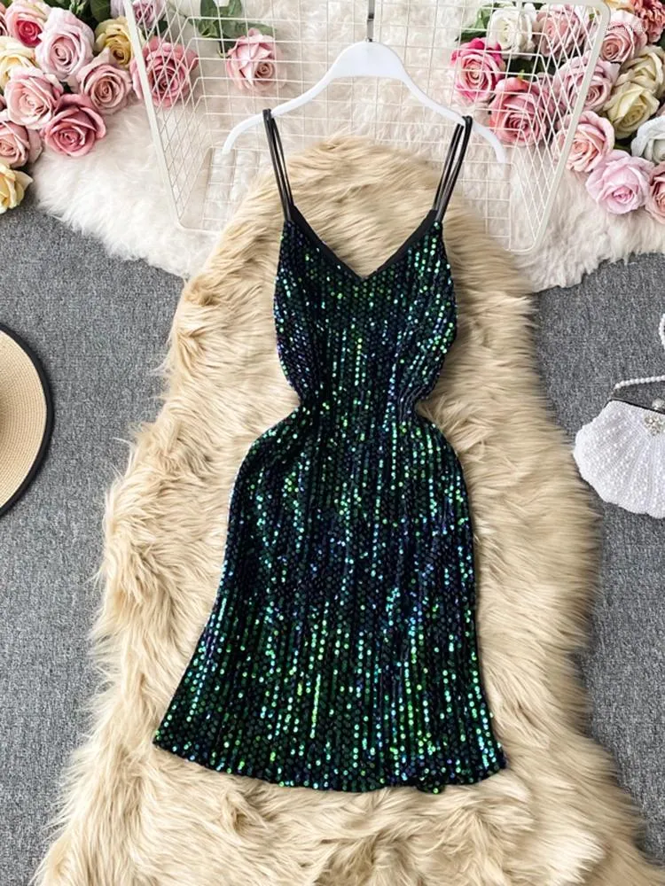 Casual Dresses Women Sequined Dress Chic Sexy Night Club Strap Summer Super Shiny Sleeveless O-neck Beach Ins SP061