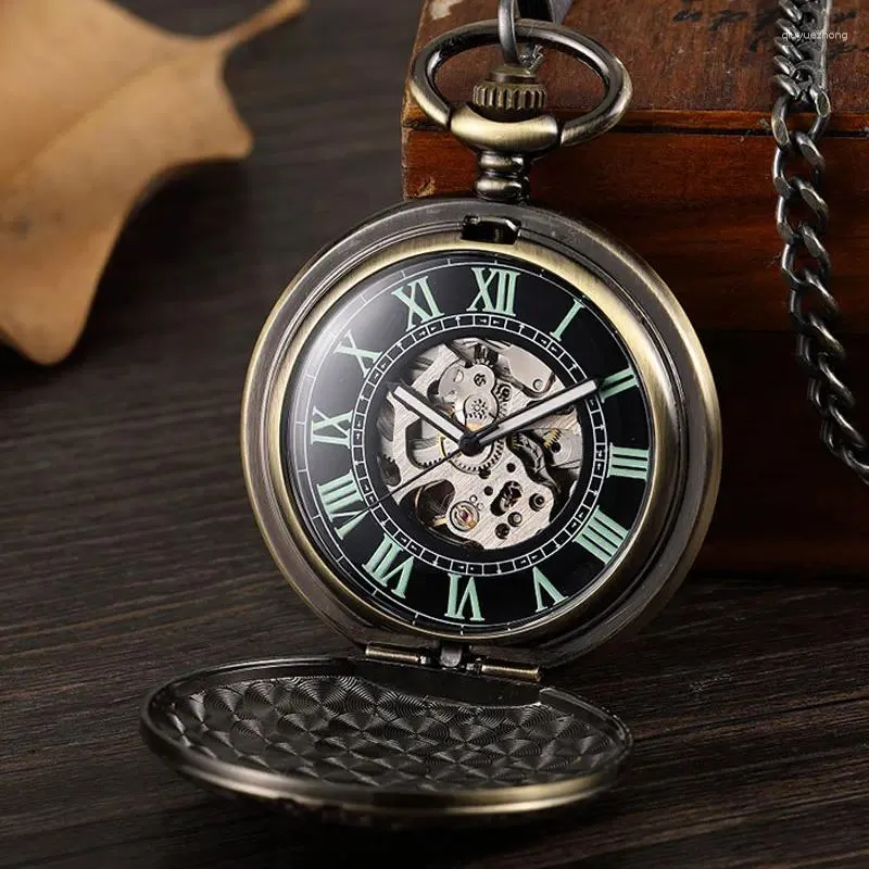 Montres de poche Vintage squelette Steampunk, montre mécanique pour hommes avec chiffres romains, luxe en Bronze rétro, collier à main pour femmes