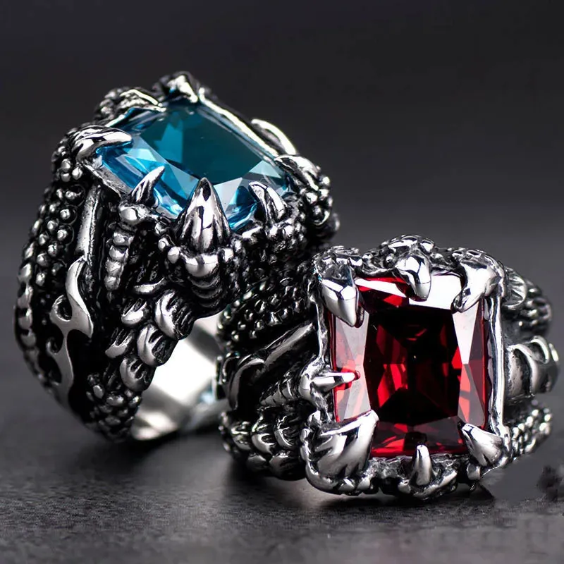 Band Ringen Gothic Blauw Rood Kristal Demon Dragon Claw Ring voor Mannen Street Cool Biker Vinger Sieraden 231021