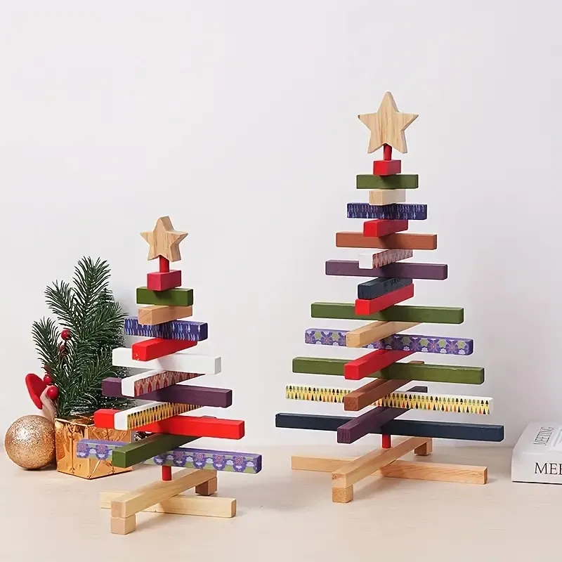 1pc, Wooden Christmas Tree, Christmas Decoration Window Home Decor Painted Building Blocks Creative Shopping Mall Wooden Strip,Theme Party Decor, Christmas Decor