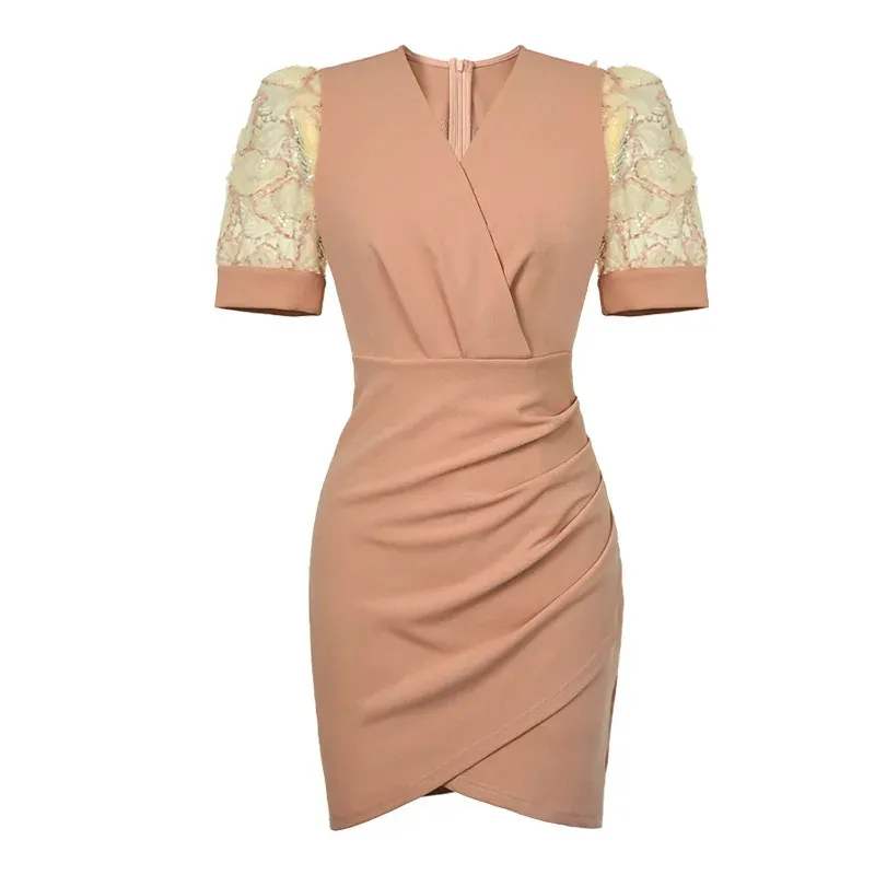 French Style Pink Sequin Embroidered Mini Dress for Women - Basic Casual Summer Gown with Short Sleeves and Folds - Perfect for Parties, Proms, and