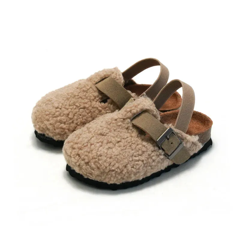 Chinelo Criança Bebê Meninos Meninas Quente Fuzzy Pelúcia Sandálias Cortiça Faux Fur Flats Criança Prewalker Elastic Back Strap 231021