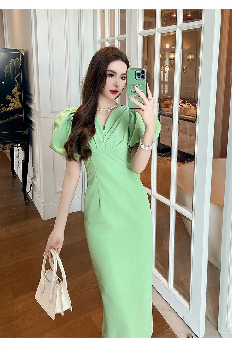 Summer Commuter Style Midi Dress for Women - Bright Green Bubble Sleeves Womens Bright Green Midi Dress Casual, Commuter Style, Bubble Sleeves,  Slit, Bodycon, Work \u0026 Party From Julia_dress, $44.95 In Bulk | DHgate.Com