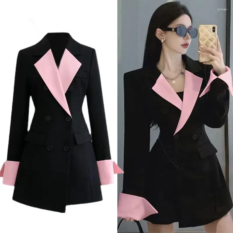 Ternos femininos moda rosa preto hit cor retalhos duplo breasted terno casaco outono feminino gola entalhada manga longa escritório blazer outwear