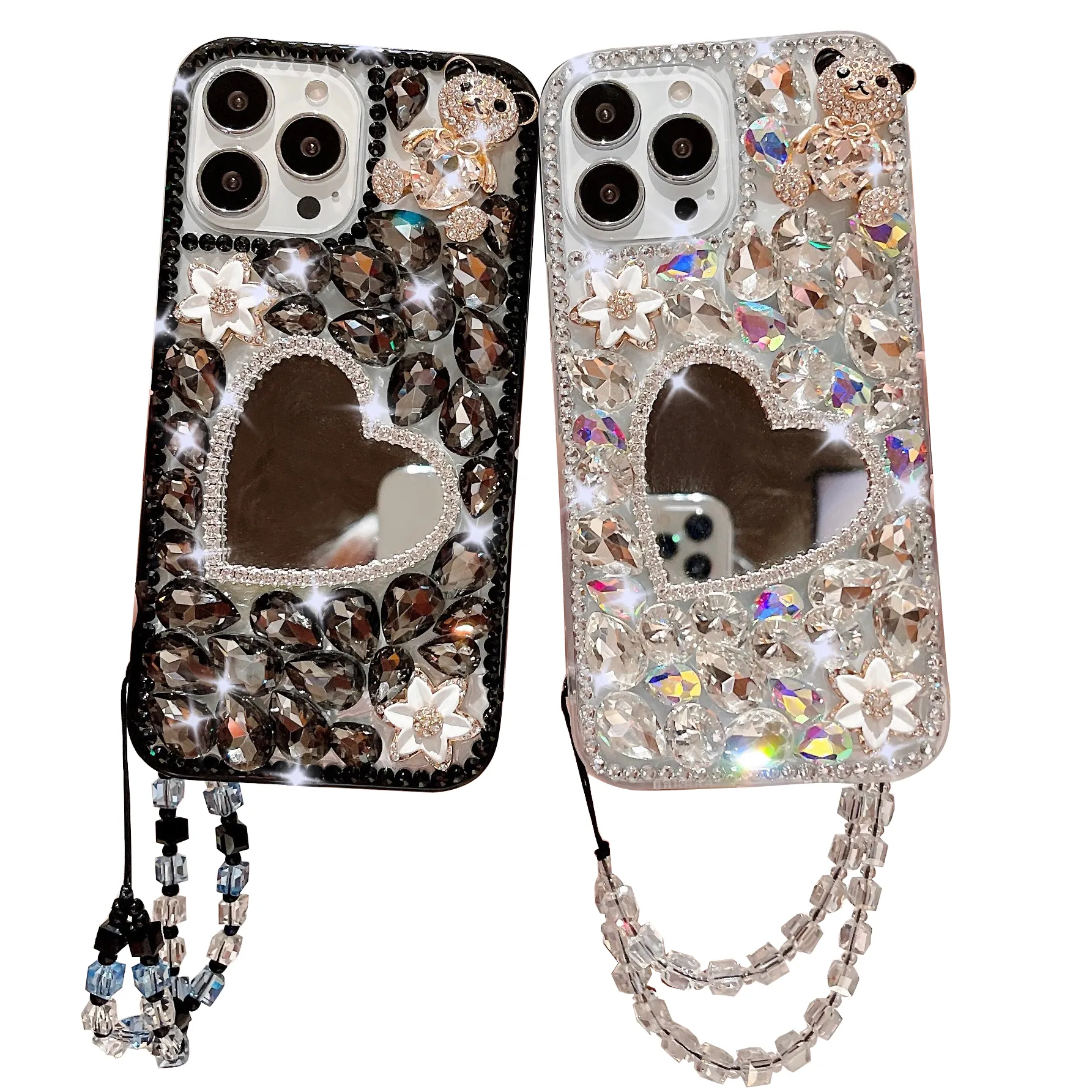 Flower Rhineston Phone Cases Sweetheart Mirror Luxury Iphone Capa Pulseira Anti-queda Para IPhone 15 Pro Max Ultra 14 13 12 High-End Design Defender Capas Protetoras