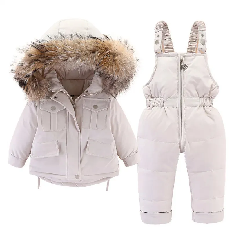 Down Coat 2st Set Baby Girl Winter Down Jacket and Jumpsuit For Children Thicken Warm Fur Collar Girls Spädbarn Snowsuit 0 6 år 231021