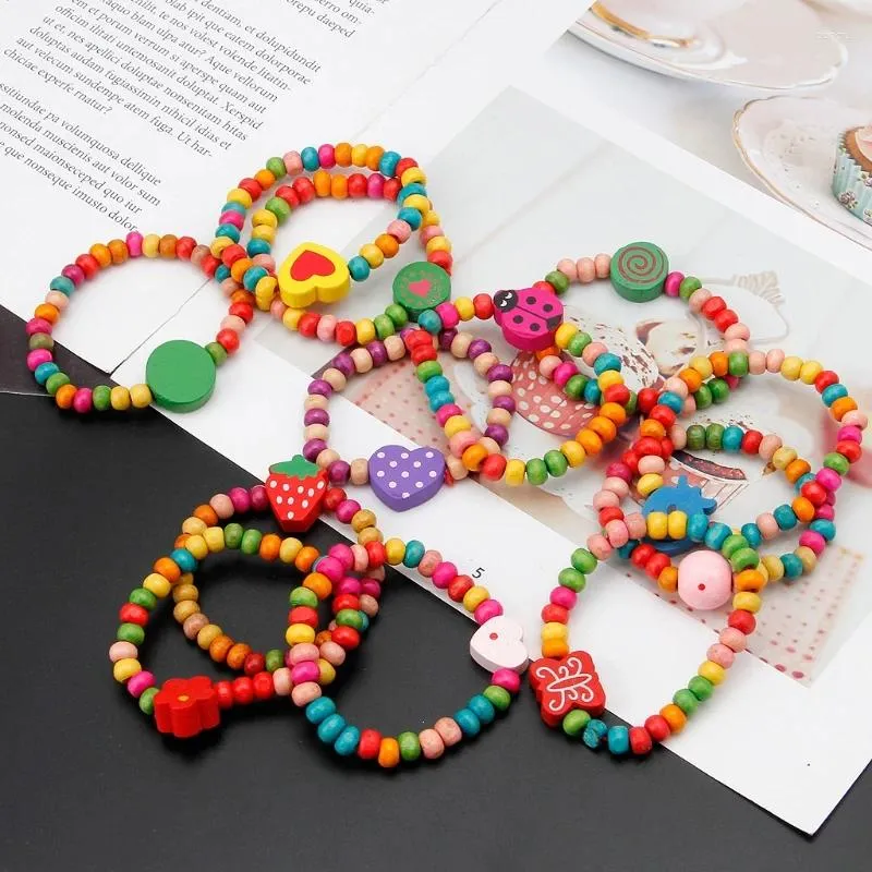 Charm Bracelets 12Pcs/Set Colourful Wooden Little Girls Kit Kids Fashion Jewelry For Family Friends Jewerly Gifts Dropship