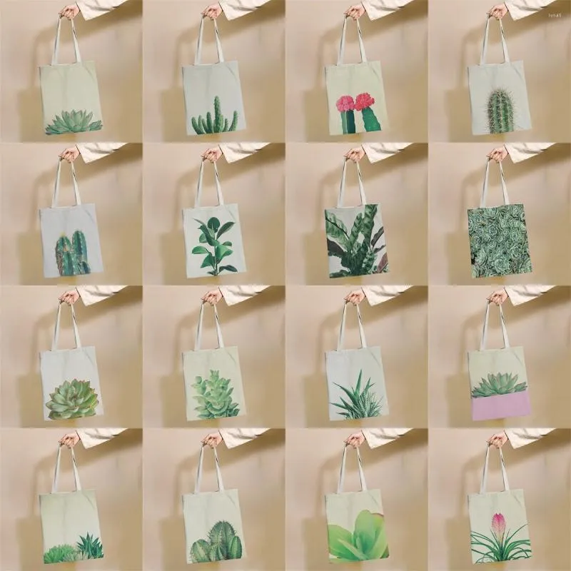 Sacs de rangement Plantes vertes d'été et motif de cactus Sac à provisions réutilisable Toile Fourre-tout Impression Eco Shopper Épaule