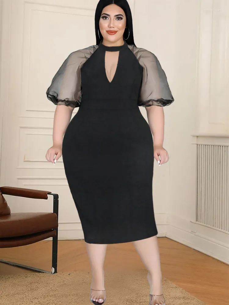 Plus Size Jurken Zwarte Vrouwen Uitgesneden Organza Doorzichtige Pofmouwen Patchwork Bodycon Avond Cocktailparty Midi-outfits 2023