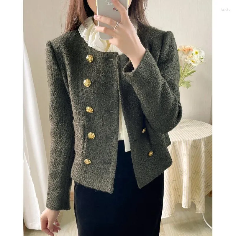 Jaquetas femininas High End Exército Verde Tweed Casaco Lã Pano De Lã Pequeno Terno Feminino Manga Longa Cardigan Doce Vento