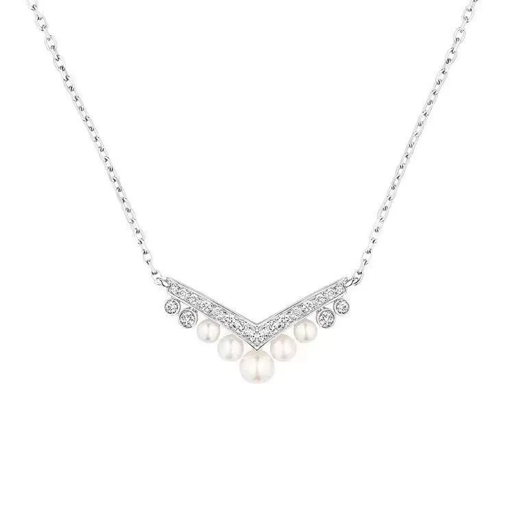 Paris New Edge Elegant Women's Necklace V-shaped Pearl Pendant Collar Freshwater Beads 925 Simple Luxury Versatile Lover Girlfriend Birthday Gift