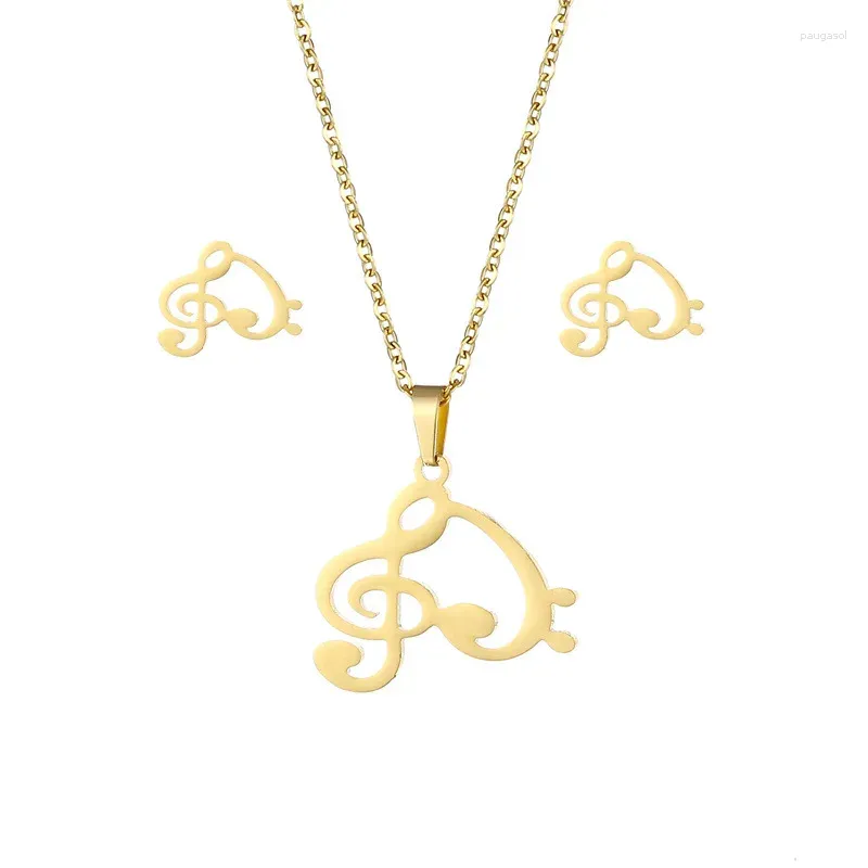 Necklace Earrings Set 10set/lot Stainless Steel Gold Color Music Note Pendant Chain Stud Earring For Women Fashion Jewelry Wholesale