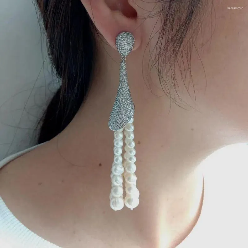 Dangle Earrings 3.7'' White Round Freshwater Pearl Tassel Gold Color Plated Cubic Zirconia Pave Flower Stud Cute Style For Women