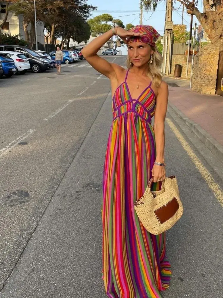 Casual Jurken Dames Vintage Gestreept Gedrukt Backless Maxi Jurk Sexy V-hals Mouwloos Vloerlengte Bohe Zomer Strand Vakantie Gewaad