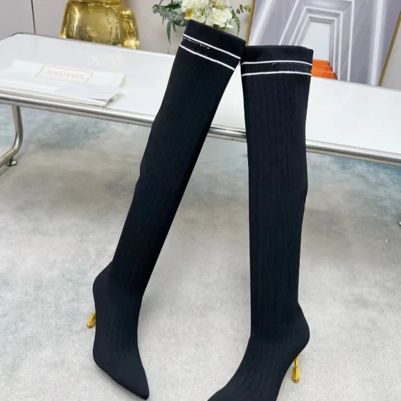 Knitted knee length elastic boots, wool boots, versatile and fashionable