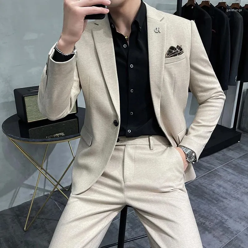 Ternos masculinos 2023 outono/inverno estilo britânico engrossado lã listra conjunto para negócios noivo vestido casual escritório (jaqueta calças)