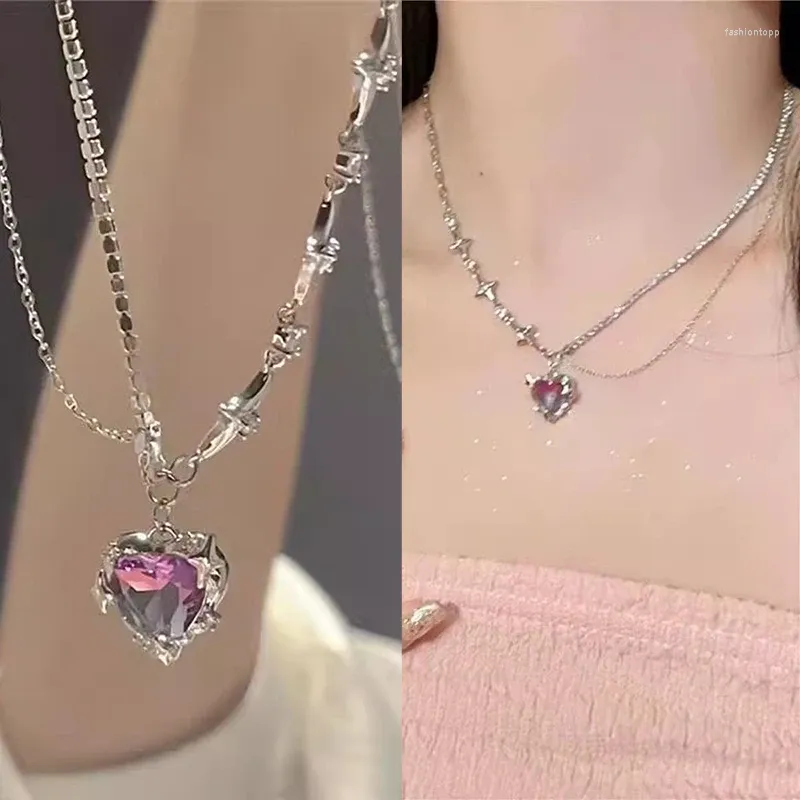 Pendant Necklaces Y2K Purple Crystal Heart Necklace For Women Sweet Cool Girl Punk Clavicle Chain Fashion Aesthetic Jewelry Gift