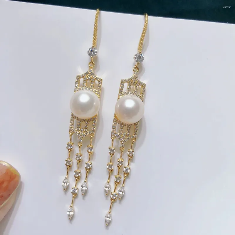 Boucles d'oreilles pendantes pour femmes, bijoux fins, or jaune pur 18K, naturel, 8-8.5mm, eau salée de l'océan, perles rondes dorées pour femmes