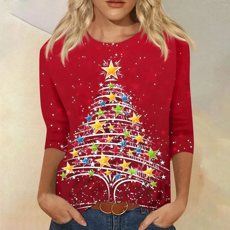 Sweats à capuche pour femmes Femmes T-shirt Automne Noël Funny Print Pull en vrac Top Femme Col rond Casual Manches 3/4 Vêtements féminins Tees