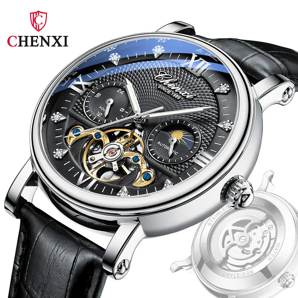 CHENXI montre automatique bracelet en cuir mécanique Tourbillon Phase de lune montres étanches pour hommes mode