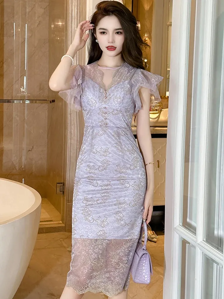Purple lace bodycon dress sales