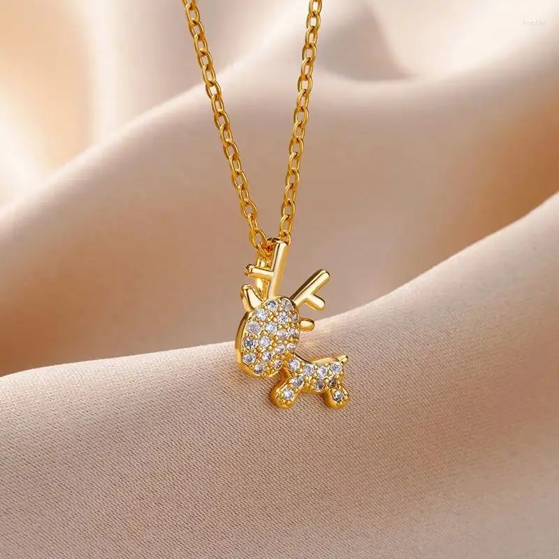 Pendant Necklaces Zircon Christmas Elk For Women Stainless Steel Gold Plated Deer Chain Collar Necklace 2023 Trend Jewelry