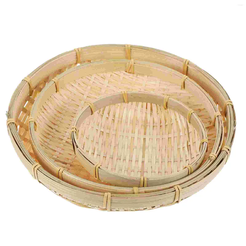 Conjuntos de vajilla 3 PCS Recogedor de mimbre Bandejas de madera redondas Cesta natural Tamiz práctico de bambú