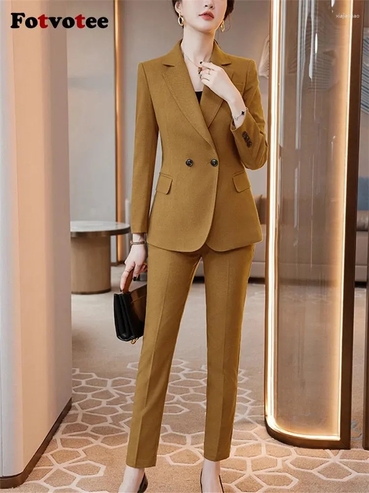 Dwuczęściowe spodnie kobiet Fotvotee Khaki Formal Blazer and Pant Suits Women Fall Winter 2023 Office damskie kurtki z długim rękawem