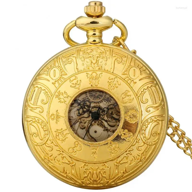 Pocket Watches Gold Color Sculptured Gear Clock 12 Constellations Dall Design Hollow Skeleton Wheel Reel Quartz Watch Fob Chain