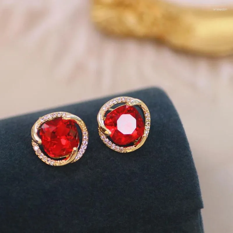 Stud Earrings Trendy Elegant Big Red Crystal For Women Luxury Geometric Round Earring Female Wedding Jewelry Accessories