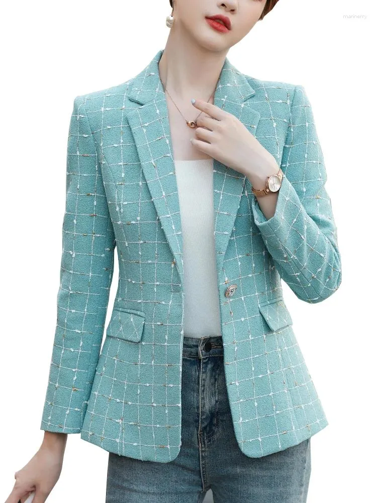 Ternos femininos azul branco xadrez mulheres casual blazer e jaqueta senhoras feminino manga longa único botão casaco fino tamanho grande