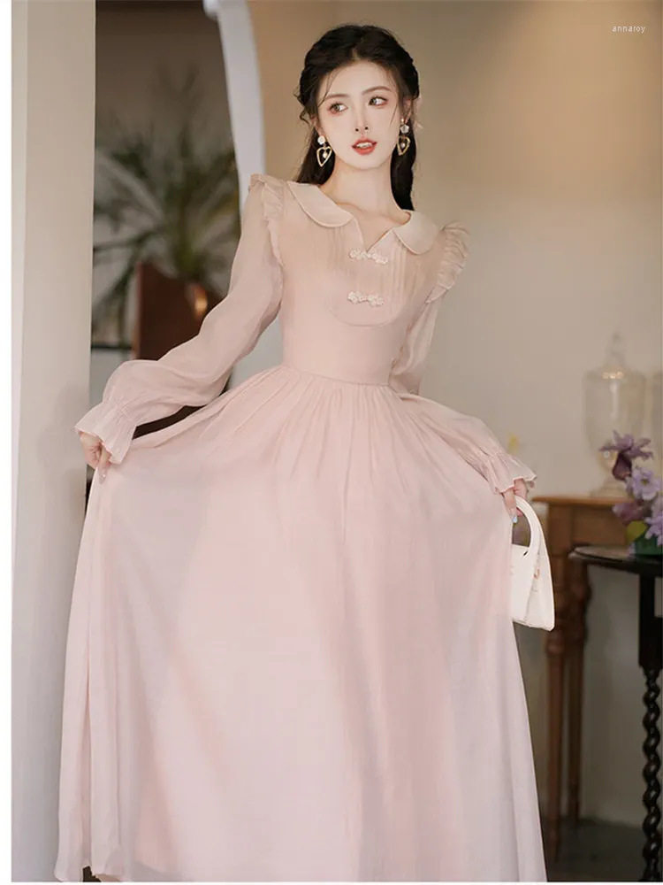 Casual Dresses French Style Sweet Light Pink For Women Autumn Flare Sleeve Vestidos Chic Female Retro Doll Neck Cute Fairy Dress