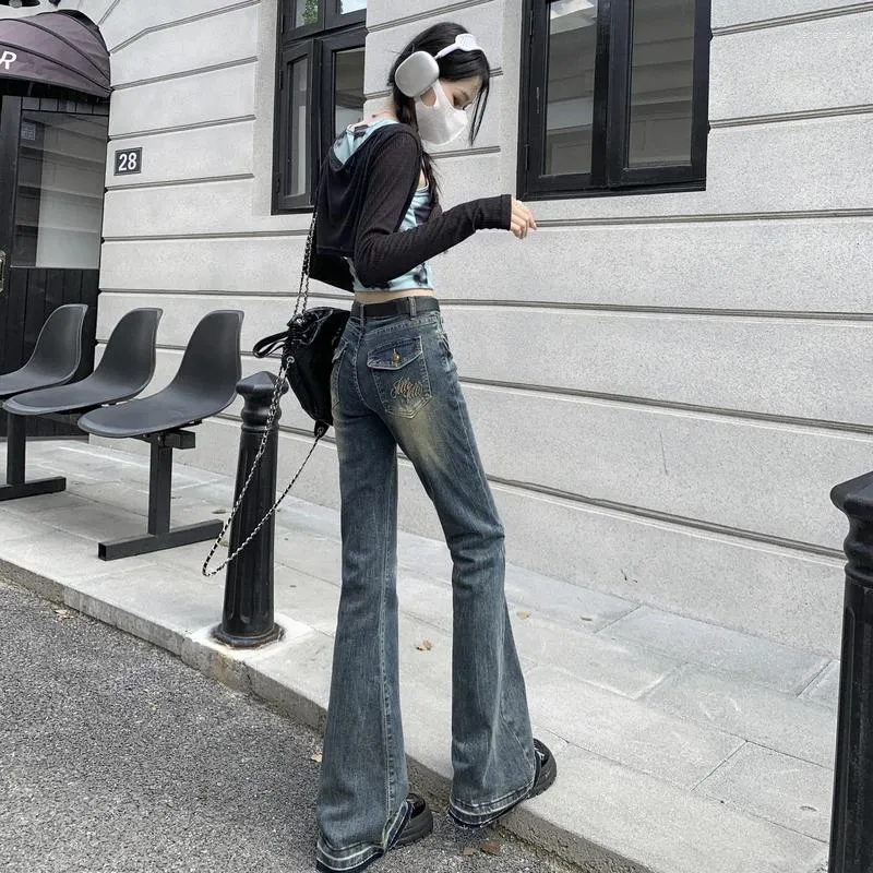Damen Jeans S Stretch Low Waisted Stickerei Herbst Denim American Retro High Fitting Kontrast Schlaghose