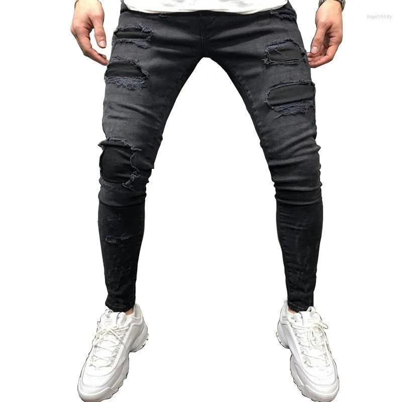 Mäns jeans män män rippade svart tvättad gata stil mager blyerts manliga stilfulla hip humle hål lappar nödställda jogging denim