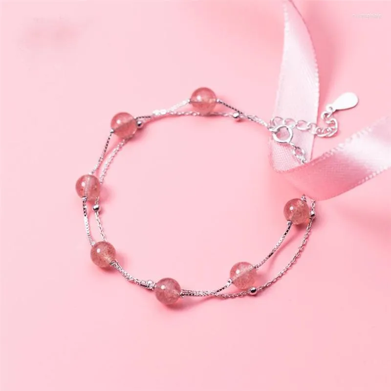 Länkarmband SOLE Memory Dubbelskikt Pink Strawberry Crystal Round Bead Silver Color Female Resizable SBR259